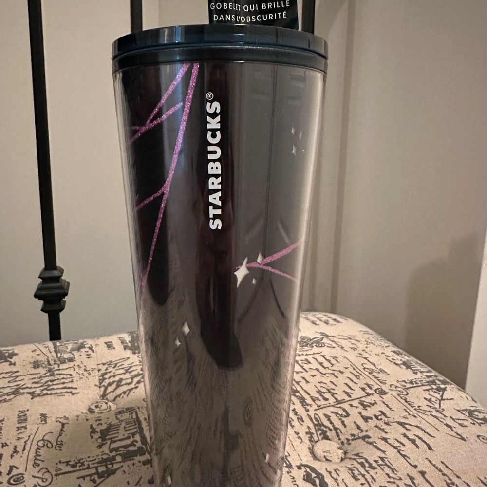 Starbucks Black and Pink Tumbler with Lightning Bolt Accents